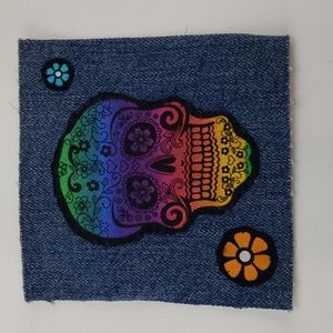 Sugar Skull Rainbow Denim Patch Sew On Handmade Day of the Dead Halloween Art